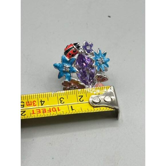 Enamel Flowers & Butterfly Ring Size 7 Silver Tone Cocktail Ring Summer Colorful - Picture 8 of 9